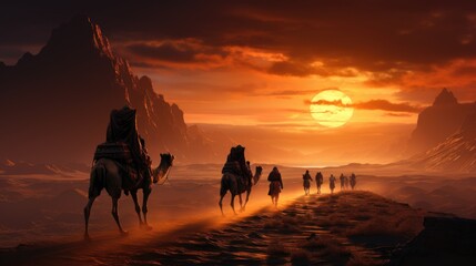 Bedouins on camels walk between golden sand dunes in the desert, at sunset