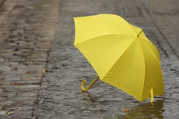 Fotobehang Open yellow umbrella on wet pavement. Space for text © New Africa