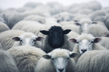 A lone black sheep stands proudly amidst a herd of white sheep, symbolizing uniqueness and breaking away from the expected. Ai generated