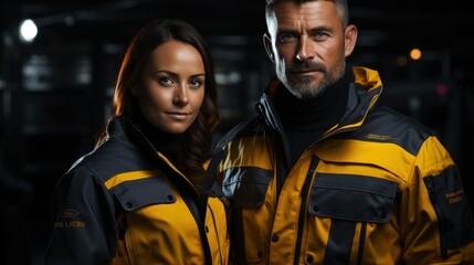 Fototapeta premium Man and woman in modern yellow uniforms, in an industrial environment. Workwear design concept.