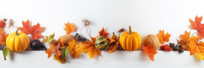Naklejka na ściany i meble Autumn Festive Decor on White Wooden Background