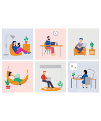 6 Flat Art Working Vector Of Work From Home Workers