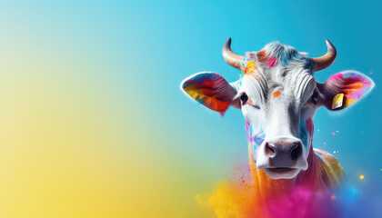 Cow in paint on bright background , happy holi indian concept