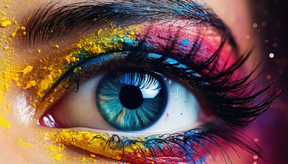 Bright Eye Makeup in Paint Dust , happy holi indian concept - obrazy, fototapety, plakaty