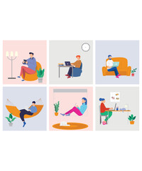 6 Flat Art Working Icons Of Work From Home Workers