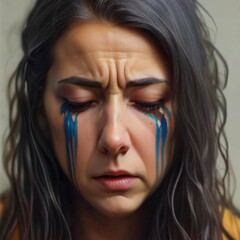 sad upset crying woman with tears eyes suffering from emotional shock, loss, ai generated 