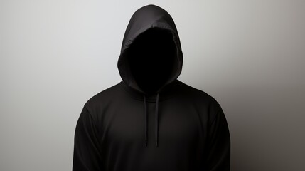 black hoodie with no face on white background 