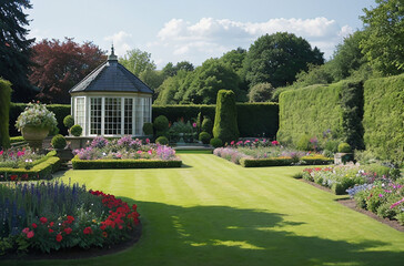 Modern manicured lawn with green grass, wooden gazebo, and hedge sections full of flowers