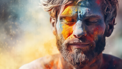 Man in dust and smoke paints , happy holi indian concept