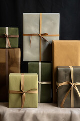 Christmas. Gifts, boxes in craft green paper. New Year's room interior. party and celebration.