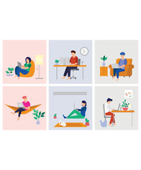 6 Workers In Flat Art Work From Home Illustration