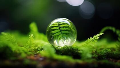 A drop of water and a fern in the reflection in the forest , safe nature day concept