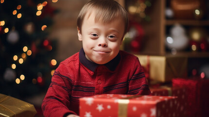 Fototapeta na wymiar smiling little boy with down syndrome among Christmas decorations and gift boxes. disabled child in a red sweater