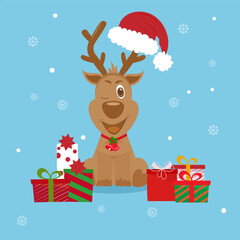 Christmas card design with Christmas reindeer, santa hat and gift boxes. Cute Holiday brochure on blue background. Stock vector illustration