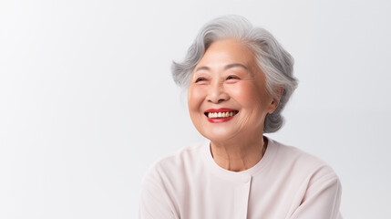 Smiling asian woman looking at camera, close up portrait on white background. Healthy face skin care beauty. - obrazy, fototapety, plakaty