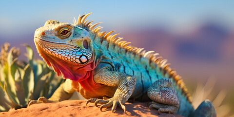 Fototapeta premium A Symphony of Scales: Where an Iguana's Dazzling Colors Unfold, a Living Masterpiece of Nature's Vibrant Artistry Generative AI