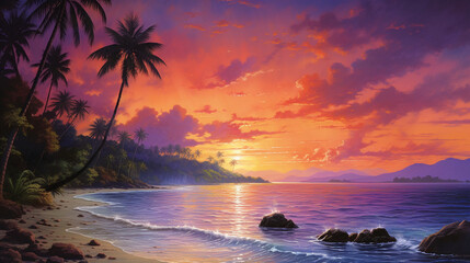 A mesmerizing sunset scene on the beach - obrazy, fototapety, plakaty