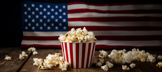 delicious popcorn,,in a cup,standing on a dark wooden table,against the background of the American flag,the concept of an advertising banner for the national popcorn Day in America