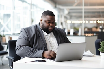 Fototapeta na wymiar fat black man ,plus-size, manager, in gray business clothes sitting at a desk with a laptop in a modern bright office, the concept of diversity