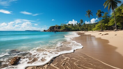 Fototapeta premium A beach at midday, with a cloudless sky, turquoise waters, and the sun casting a sparkling reflection on the sea, creating a postcard-perfect image of a tropical paradise