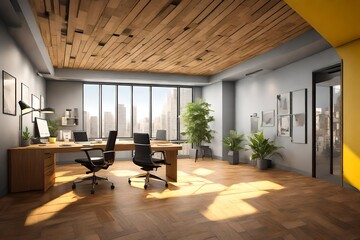 an office room ,  with hardwood flouring, with yellow background, light mode