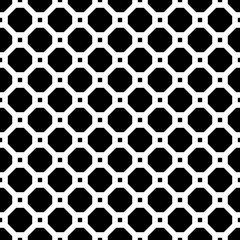 Seamless surface pattern design with octagons and squares. Repeated white polygons on black background. Geometric wallpaper. Parquet motif. Digital paper for textile print, web designing. Vector art.