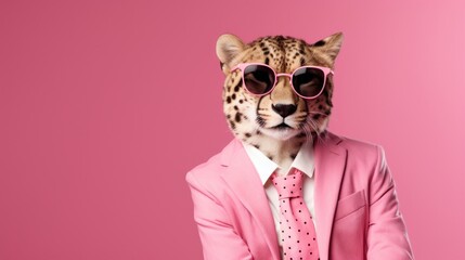 studio portrait of cheetah with glasses and stylish suit, isolated on clean background,accessories business concept - obrazy, fototapety, plakaty