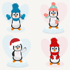Christmas penguin characters set. Happy new year penguins design with hat and scarf. Stock holiday vector animal illustrations
