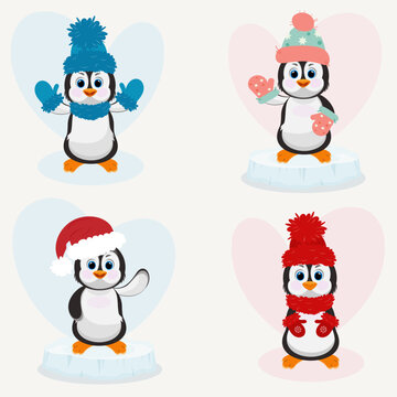 Christmas penguin characters set. Happy new year penguins design with hat and scarf. Stock holiday vector animal illustrations