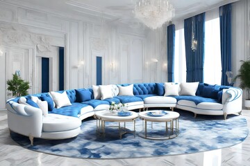 3D view, L-Shape luxury sofa's of white color, background of white and blue, PC hotel,