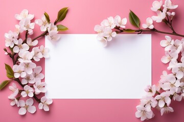 Fototapeta na wymiar top view of blank white paper with flowers on pink background, love letter