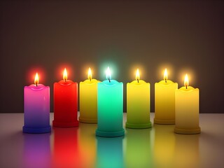 Lightning colorful Candles for Merry Christmas and Happy New Year 2024. Christmas decoration with candles concept in dark background. Valentine candle lights. Valentine's Day. 