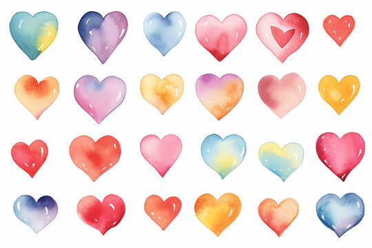 Set of multicolored watercolor hearts isolated on white background.