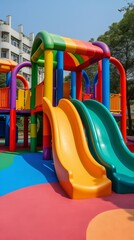 Fototapeta na wymiar Vibrant, safe modern kids playground zone featuring colorful slides, swings, and diverse play equipment for children's enjoyment.
