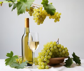 Table with a bottle of white wine and green grapes from the vine hanging from a vineyard. Still life. Alcoholic beverage served at mealtimes and in restaurants.