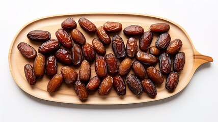 Wooden board with dates, traditional oriental brown fruit dessert, fresh and sweet exotic arabian appetizer. Still life