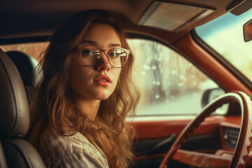 Fototapeta na wymiar Beautiful young woman in glasses driving a car.