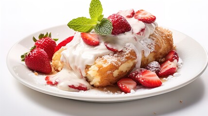 Plate with a sweet dessert of fried banana with strawberries, traditional cream-filled pastry. European cuisine, homemade in the oven