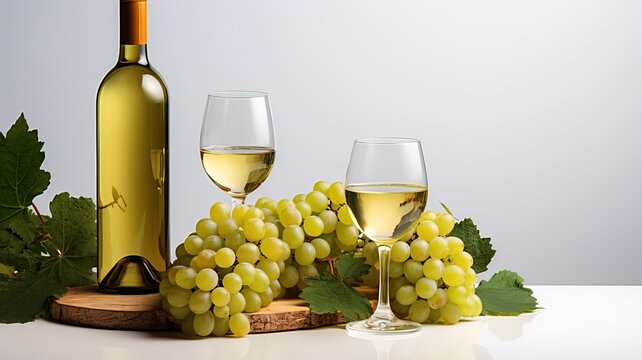 Table with bottle of white wine and green grapes from a vineyard, autumn seasonal drink. To be served with food at a party or picnic. Harvest from a winery