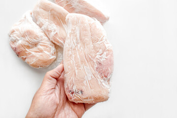 Frozen chicken breast in food plastic wrap. Photo can be used for how to wrap meat for freezer...