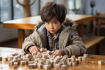 Young asian boy with wooden puzzle, autism spectrum disorder concept
