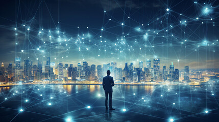 Concept art of a man looking over a futuristic city connected by a network of light.
