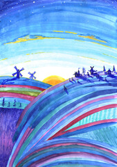 watercolor painting abstract impressionism stripes on fields, meadows and arable lands. On the...