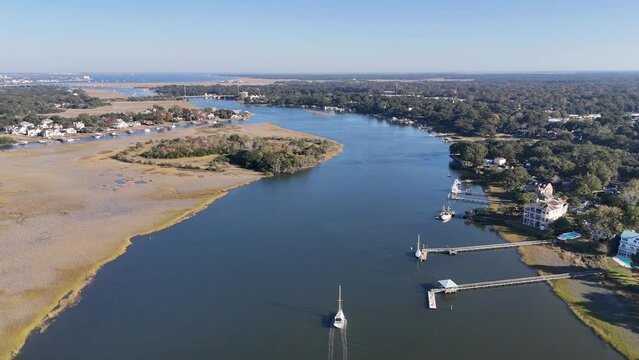 A drone flight over Wappoo Creek in Charleston, South Carolina