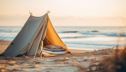 Date tent on the beach in the evening - obrazy, fototapety, plakaty