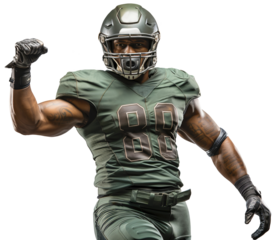 An American football player in a green helmet and uniform makes a victorious wave with his fingers clenched into a fist