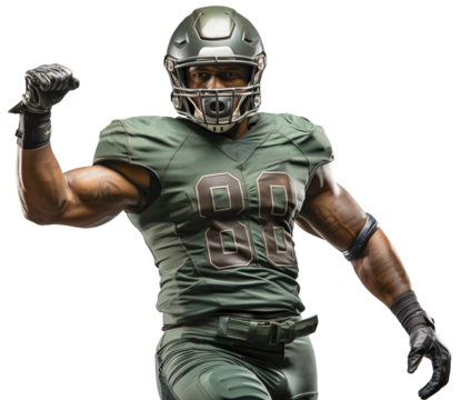 An American football player in a green helmet and uniform makes a victorious wave with his fingers clenched into a fist