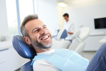 Fototapeta premium A man is getting teeth whitening from a dentist on lying down in a dentist's chair with the patient and smiles over the smiling man in her mouth. Man lying down on dentist chair and laughing.