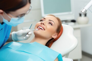 A woman is getting teeth whitening from a dentist on lay down a dentist's chair with the patient and smiles over the smiling woman in her mouth. Professional doctor fixing her teeth during dental proc