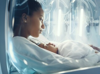 A woman holding her baby in infant an high technology incubator system for the baby's health life and baby peacefully sleeping in her arms. Mother's care. Mother's Day. Hospital background.